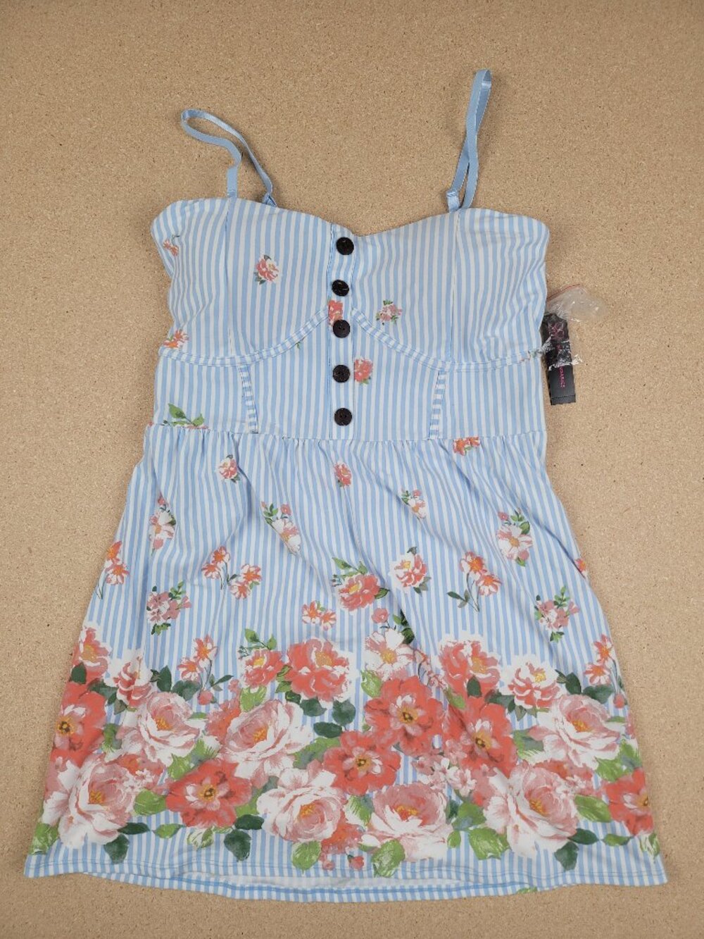 No Boundaries Strapless Button Front Dress XL (15-17) Blue Striped Floral